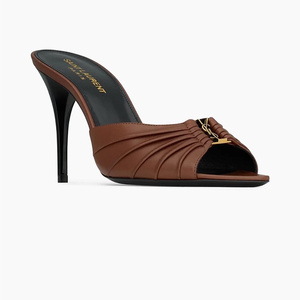 Saint Laurent Brown Leather Mules with Gold Logo - Picture 2 of 2